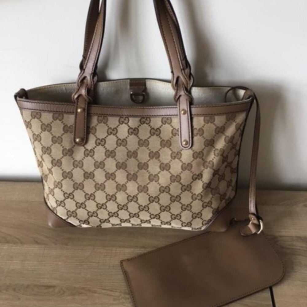 Authentic Gucci GG Canvas Tote Bag with Attached Gucci Leather Pouch - Picture 2 of 14